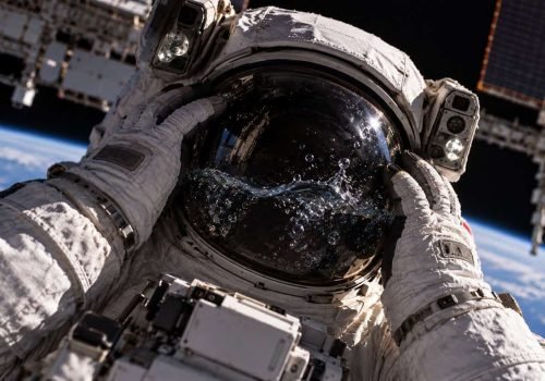 Imagem meramente ilustrativa, sem qualquer compromisso com a realidade dos fatos, representando o episódio em que um vazamento de água foi detectado no capacete de um astronauta na Estação Espacial Internacional. - Crédito: Imagem gerada por IA