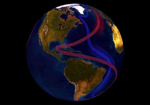 Ilustração de correntes do Oceano Atlântico numa imagem da Terra vista do espaço - Imagem: NOAA
